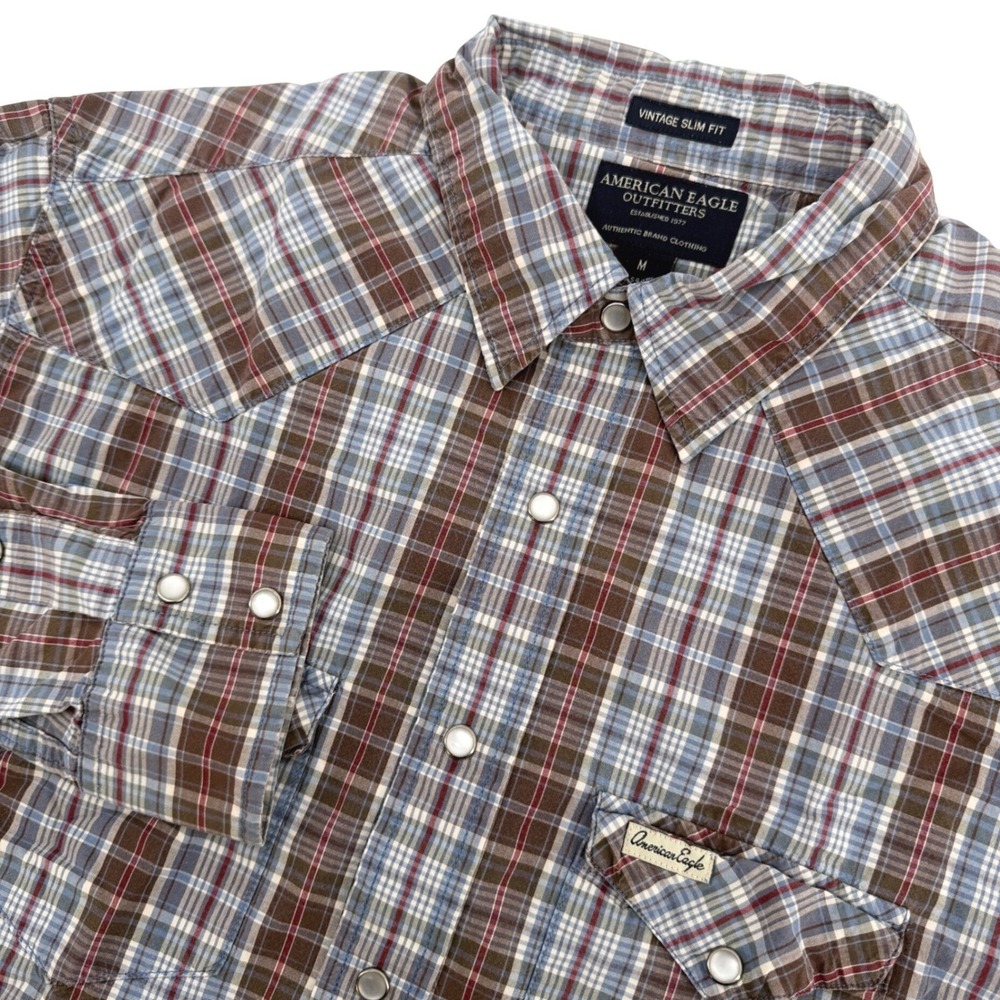 Vintage American Eagle Western Shirt Mens Medium Brown Plaid Pearl Snap Slim Fit